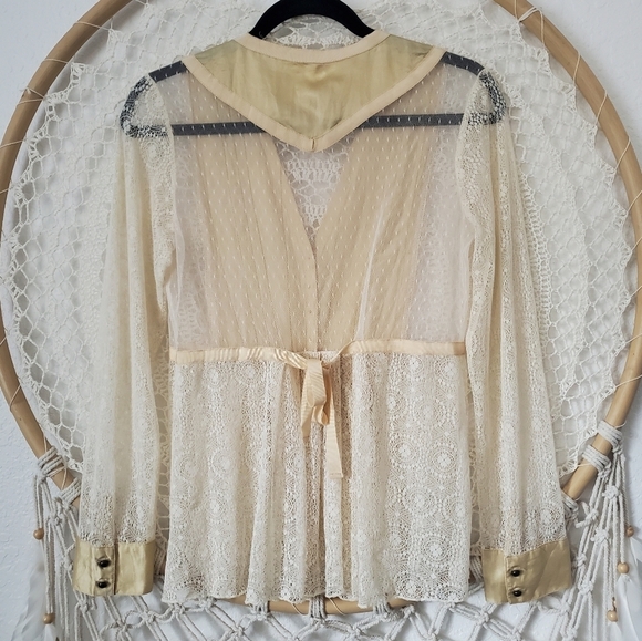 Sundance Satin Lace Sheer Western Boho Babydoll V-Neck Lady Jane Blouse Size 4 - Picture 7 of 9